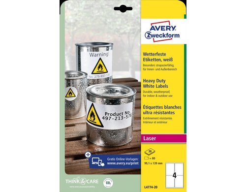 Avery Zweckform Etiketten wetterfest 99.1x139mm, 20 Bogen / 80 Etiketten