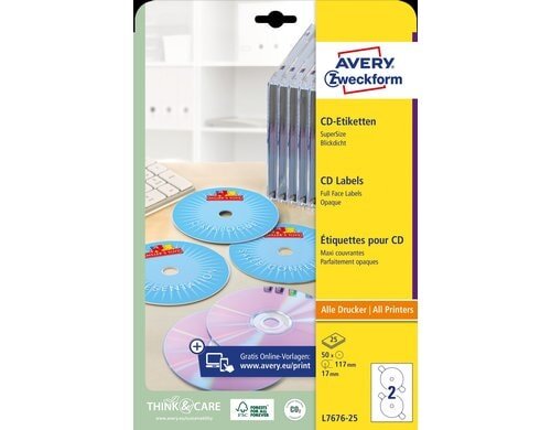 Avery Zweckform CD-Etiketten SuperSize Packung zu 25 Blatt / 50 Etiketten