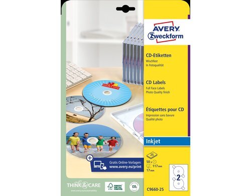 Avery Zweckform CD-Etiketten SuperSize glos Packung zu 25 Blatt / 50 Etiketten