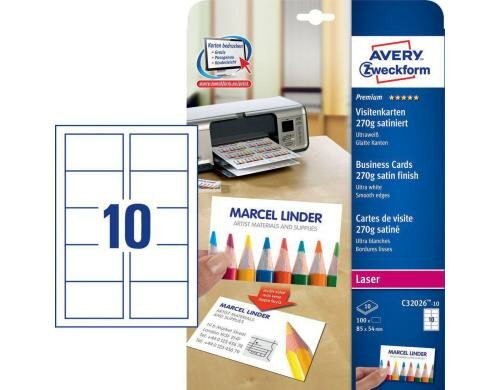 Avery Zweckform Visitenkarten Click & Clean 270g, 10 Bogen/100 Karten, Inkjet