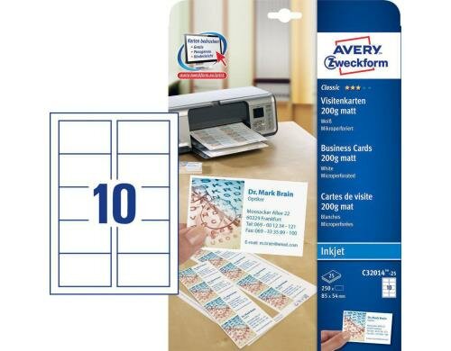 Avery Zweckform Visitenkarten mikroperforie 200g, 25 Bogen/250 Karten, Inkjet