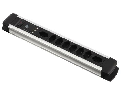 Schönenberger ALU Steckdosenleiste 8xT13, 3xUSB mit Schalter, sz/alu, 2m Kabel
