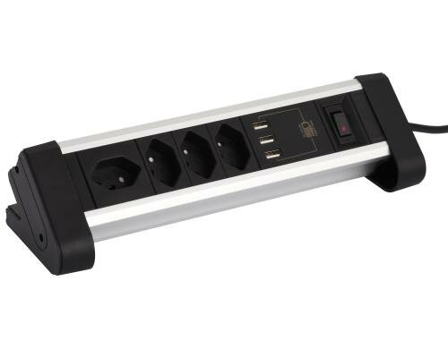 Schönenberger ALU Tisch-Steckdosenleiste 4xT13, 3xUSB mit Schalter, sz/alu, 2m Kabel