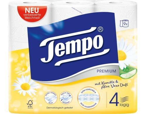 Tempo Toilettenpapier 4-lagig Kamille Aloe 9 Rollen à 120 Blatt