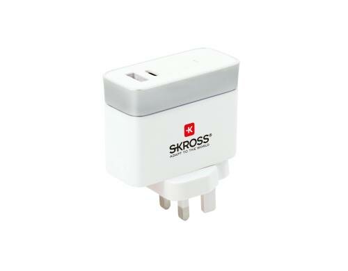 SKROSS UK USB Charger Typ C, 2 Output 5 V / 2.4 A, 5 V / 3 A