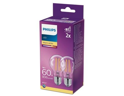 Philips LED Lampe A60 7W (60W) klar WW ND 806lm, nicht dimmbar, 2700K 15000h, Duo