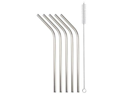 Strawganic Stahlstrohhalme Set gebogen silb 5 Stück 21,5cm, inkl. Reinigungsbürste