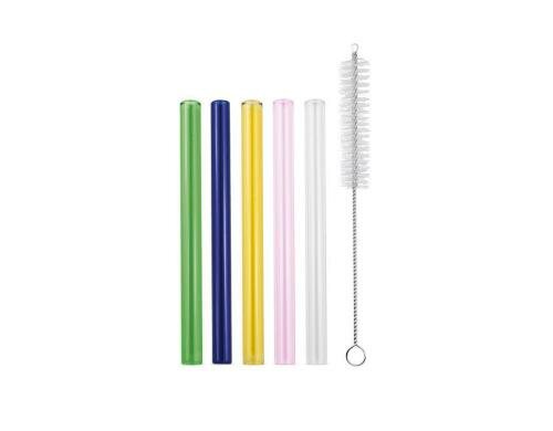 Strawganic Glasstrohhalme Set mini farbig 5 Stück 13cm, inkl. Reinigungsbürste