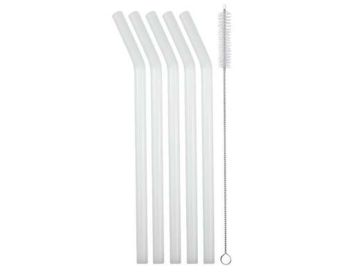 Strawganic Glasstrohhalme Set gebogen weiss 5 Stück 21cm, inkl. Reinigungsbürste
