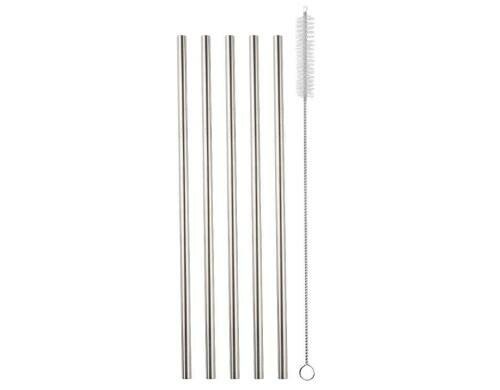 Strawganic Stahlstrohhalme Set gerade silbe 5 Stück 21,5cm, inkl. Reinigungsbürste