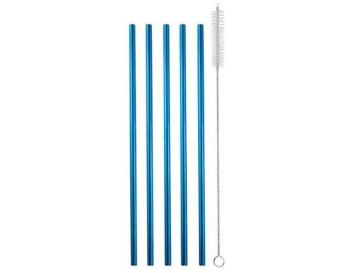 Strawganic Stahlstrohhalme Set gerade blau 5 Stück 21,5cm, inkl. Reinigungsbürste