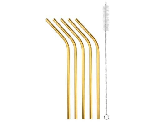 Strawganic Stahlstrohhalme Set gebogen gold 5 Stück 21,5cm, inkl. Reinigungsbürste