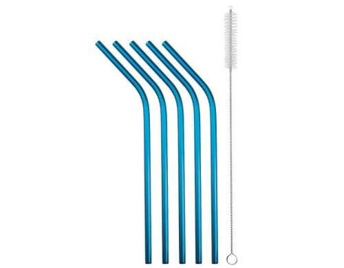 Strawganic Stahlstrohhalme Set gebogen blau 5 Stück 21,5cm, inkl. Reinigungsbürste