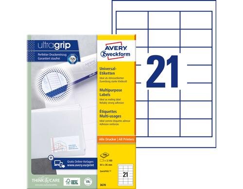 Avery Zweckform Etiketten A4, 64 x 36 mm Packung zu 100 Blatt / 2100 Etiketten
