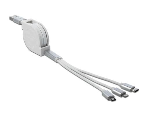 USB2.0-Ladekabel Aufrollkabel, weiss, 0.82m für USB-MicroB, Typ-C, Apple Lightning