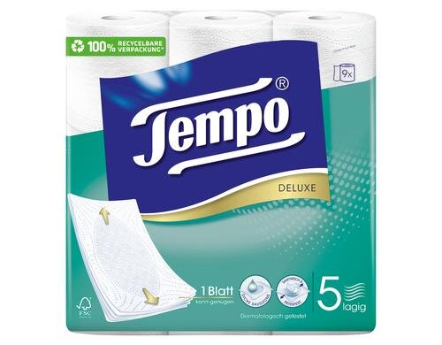 Tempo Deluxe Toilettenpapier 5-lagig weiss 9 Rollen à 80 Blatt