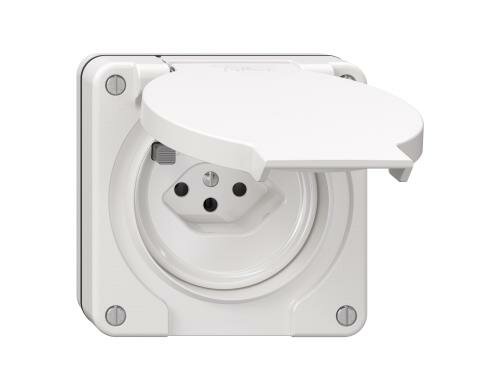 Feller NEVO FI-Steckdose 1xT13, NUP weiss, mit Steckklemmen, IP55