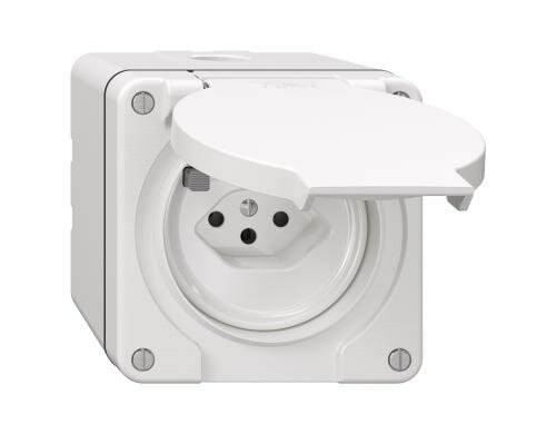 Feller NEVO FI-Steckdose 1xT13, NAP weiss, mit Steckklemmen, IP55