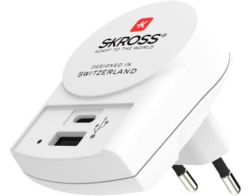 SKROSS Euro USB Charger 2 Port front 1x USB A 2.4A, 1x USB C 3A, 5V