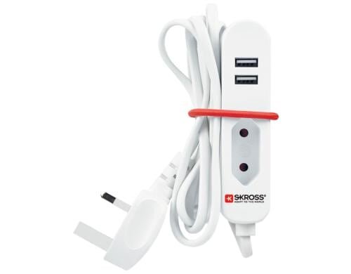 Steckdosenleiste Travel Station 1xEU-Dose 2xUSB 2.4A, UK Stecker, 1.5m Kabel, weiss
