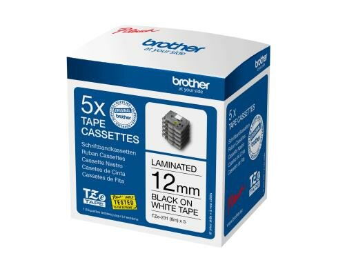 Brother P-touch Schriftband TZe-231 5 Stk. laminiert,schwarz auf weiss, 12mm, 8m