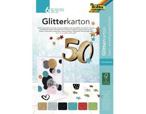 Folia Glitterkarton Basic 6 Blatt à 300g/m2, 17.4 x 24.5 cm