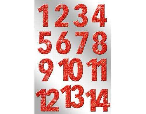 B+C Adventskalender-Zahlen Glitzer rot 2 Blatt, 1-24