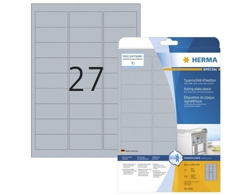 Herma Typenschild-Etiketten 4592 63.5x29.6 270 Etiketten, A4, 10 Blatt, silber