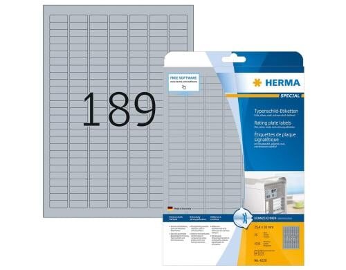 Herma Typenschild-Etiketten 4220 25 x 10 4725 Etiketten, A4, 25 Blatt, silber