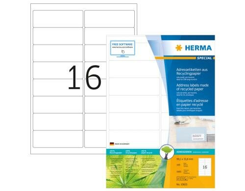 Herma Universaletiketten Recycling 10825 1600 Etiketten, A4, 100 Blatt, 99.1x33.8mm