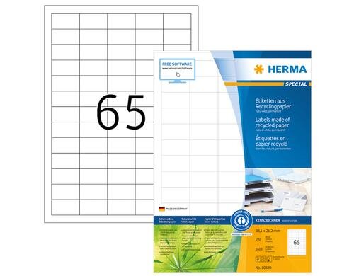 Herma Universaletiketten Recycling 10820 6500 Etiketten, A4, 100 Blatt, 38.1x21.2mm