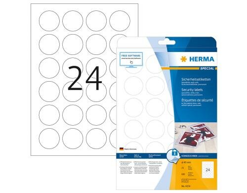 Herma Sicherheitsetiketten 4234 40 mm 600 Etiketten, A4, 25 Blatt