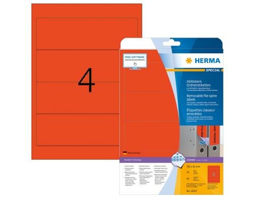 Herma Ordneretiketten 10167 192 x 61 mm 80 Etik., 20 Blt., abgerund., ablösb.rot