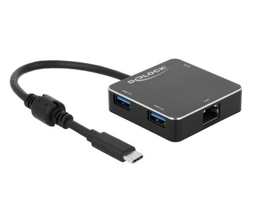 Delock USB3.1 Typ-C zu USB-A /LAN Adapter 10/100/1000Mbps Gigabit, schwarz, USB-A/LAN
