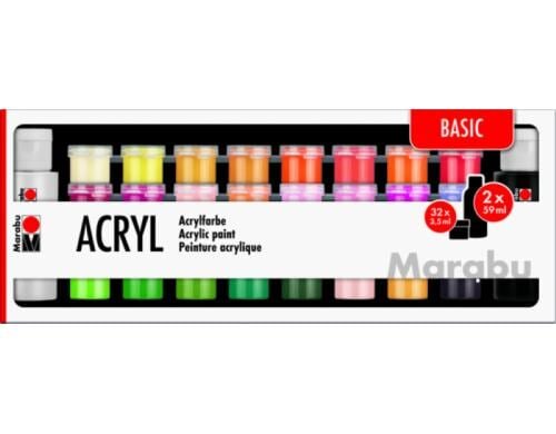 Marabu Acrylfarbe Set Basic 32 x 3.5 ml, 2 x 59 ml