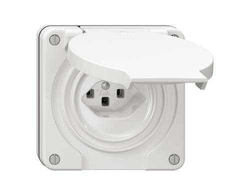 Feller NEVO Steckdose 1xT23 nass, NUP weiss, mit Steckklemmen, IP55
