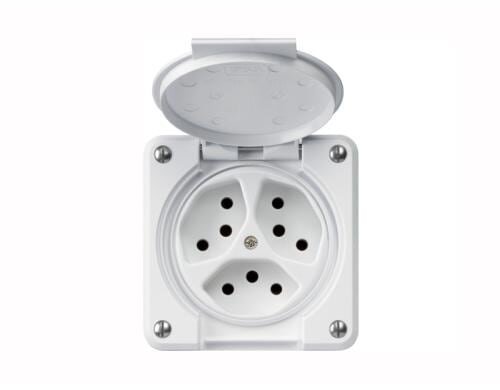 Hager Robusto Steckdose 3xT13 nass, NUP weiss, mit Steckklemmen, parallel, IPP55