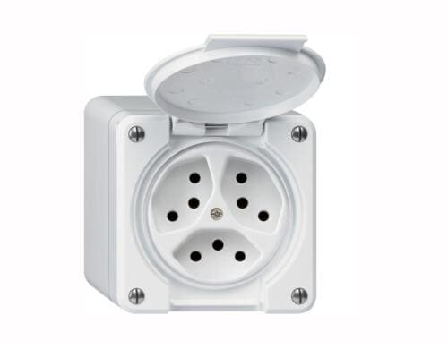 Hager Robusto Steckdose 3xT13 nass, NAP weiss, mit Steckklemmen, parallel, IPP55