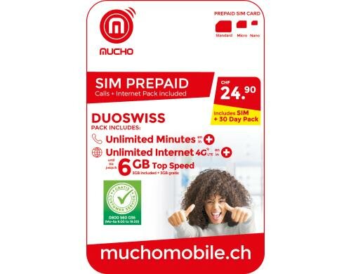 Prepaid SIM Pack DUOSWISS 30 Tage Unlimitiert Anrufe + Internet Schweiz