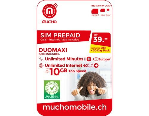 Prepaid SIM Pack DUOMAXI 30 Tage inkl. Anrufe CH/Europa, 10GB Internet CH
