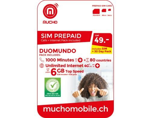 Prepaid SIM Pack DUOMUNDO 30 Tage 1000 Min + unlmt. Internet CH+ 80 Länder