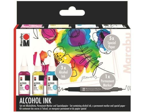 Marabu Alcohol Ink Set FLOWERS 3 Alkoholtinten, 5 Blätter A6, Permanentmar