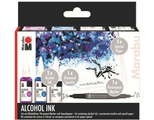 Marabu Alcohol Ink Set UNDERWATER 3 Alkoholtinten, 5 Blätter A6, Permanentmar