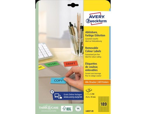 Avery Zweckform Etiketten ablösbar 25.4 x 10mm, 20 Bogen / 3780Etiketten