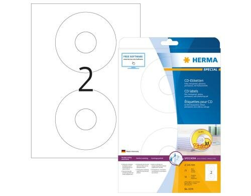 Herma CD-Etiketten 4374 transparent 50 Etiketten, 25 Blatt, Loch gross