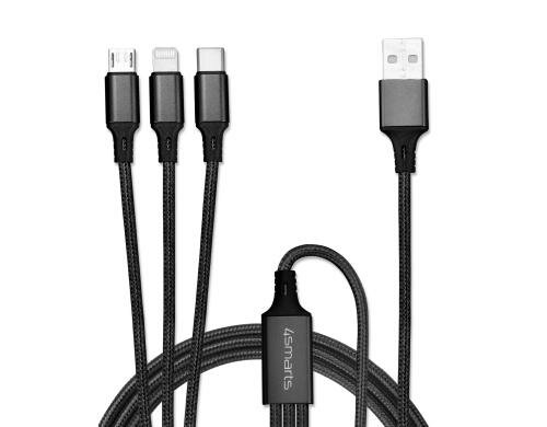 4Smarts USB Ladekabel,2.4A, schwarz, 1m Textil,3in1, USB-A - USB-C,MicroB,Lightning