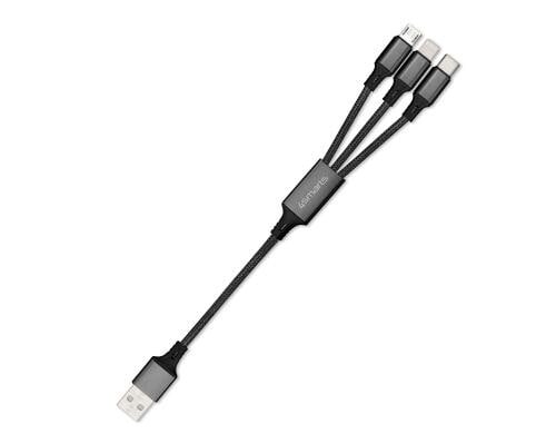 4Smarts USB Ladekabel,2.4A, schwarz, 20cm Textil,3in1, USB-A - USB-C,MicroB,Lightning