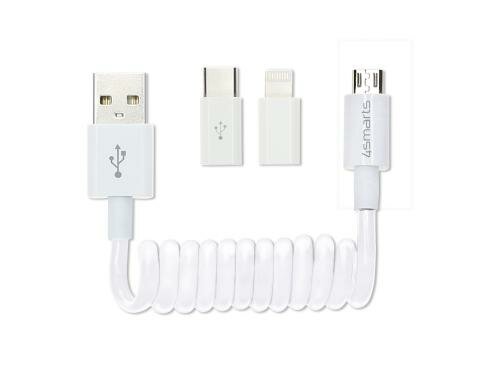 4Smarts USB Ladekabel,2.4A, weiss, 80cm Sprial,3in1, USB-A - USB-C,MicroB,Lightning