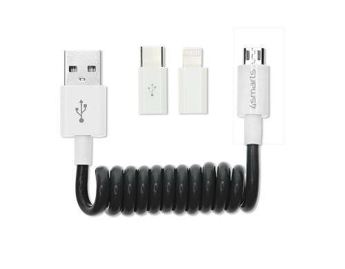 4Smarts USB Ladekabel,2.4A, schwarz, 80cm Sprial,3in1, USB-A - USB-C,MicroB,Lightning