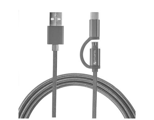 4Smarts USB2.0-Kabel, 2A, grau, 2m Textil, verstärkt, 2in1, USB-C- MicroB & C